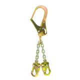 The Frontline Fall Protection PSSW2R Rebar Positioning Chain Assembly features a gold-tone finish, one large top swivel hook, two smaller bottom hooks, and short metallic linked chains for secure work positioning.