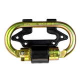 The Frontline Dual Connector Carabiner for Twin SRL's CSQ275 by Frontline Fall Production is a gold oval carabiner, crafted from high-strength alloy steel with a black locking mechanism and attachment bracket for secure twin SRL connection.