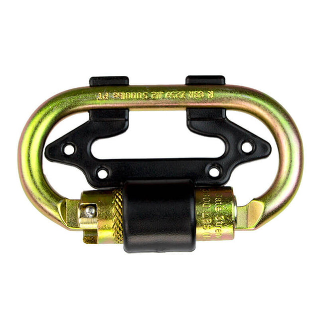 The Frontline Dual Connector Carabiner for Twin SRL's CSQ275 by Frontline Fall Production is a gold oval carabiner, crafted from high-strength alloy steel with a black locking mechanism and attachment bracket for secure twin SRL connection.