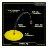 Diagram of the Frontline Drop Thru Anchor Round Plate with Cable by Frontline Fall Protection, showing labeled parts: aircraft cable, polyurethane tubing, coated steel anchor plate, swivel ring. Static tensile strength: 5,000 lbsf/22 kN.