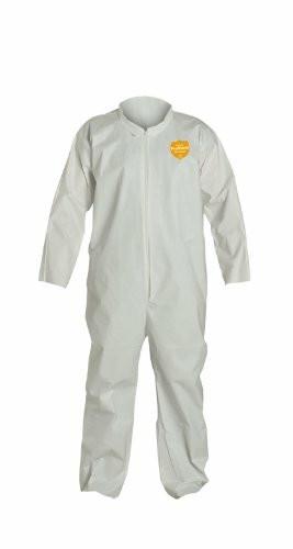 The DuPont ProShield 60 NG120S Standard Coveralls, available in a pack of 25, are white, full-body protective suits specifically designed to guard against non-hazardous particles. These coveralls come with long sleeves and a front zipper, featuring a small yellow emblem on the chest for easy identification, making them ideal for environments that require ProShield 60 level protection.