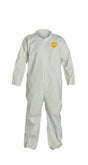 The DuPont ProShield 60 NG120S Standard Coveralls, available in a pack of 25, are white, full-body protective suits specifically designed to guard against non-hazardous particles. These coveralls come with long sleeves and a front zipper, featuring a small yellow emblem on the chest for easy identification, making them ideal for environments that require ProShield 60 level protection.