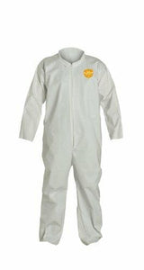 The DuPont ProShield 60 NG120S Standard Coveralls (25/Pack) offer a protective white design with long sleeves and a zippered front, perfect for guarding against non-hazardous particles. A yellow Dupont ProShield 60 logo is displayed on the chest, providing both safety and brand assurance.