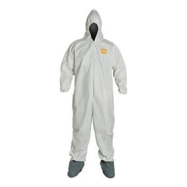 A person dressed in a white DuPont ProShield 60 Hooded Coverall, complete with an attached hood and dark booties. This disposable coverall is crafted by Dupont for safety and hygiene purposes.