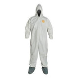 A DuPont ProShield 60 hooded coverall, complete with booties, is displayed against a white background. The NG122S suit features an emblem on the chest area.