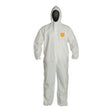 A DuPont ProShield 60 Coverall Hood, featuring elastic wrists and ankles in white, is displayed on a faceless mannequin. The coverall includes a hood and long sleeves, with the brand's yellow logo on the left chest area, making it ideal for industrial applications.