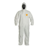 A DuPont ProShield 60 Coverall Hood, featuring elastic wrists and ankles in white, is displayed on a faceless mannequin. The coverall includes a hood and long sleeves, with the brand's yellow logo on the left chest area, making it ideal for industrial applications.