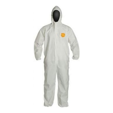 The DuPont ProShield 60 Coverall, model NG127S, is showcased in white with an attached hood and front zipper. It features a logo on the chest and is engineered by Dupont for safety and hygiene in industrial settings, providing dependable contamination control.