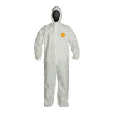 A DuPont ProShield 60 Coverall in white, featuring a hood and elastic wrists and ankles, is presented against a plain background. This coverall, ideal for industrial use, includes a small yellow emblem on the chest.