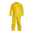 A yellow DuPont Tychem 2000 QC120B Plain Coverall from Dupont stands upright without a wearer, highlighting its chemical-resistant design. With long sleeves, full-length legs, and a small logo on the chest, it emphasizes its role as a reliable protective coverall.