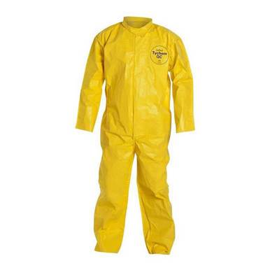 A vibrant yellow DuPont Tychem 2000 QC120B Plain Coverall, designed for chemical resistance and safety in hazardous environments, is displayed against a white background. It features a circular "Tychem QC" logo on the chest and comes with long sleeves, full-length legs, and a high neckline.