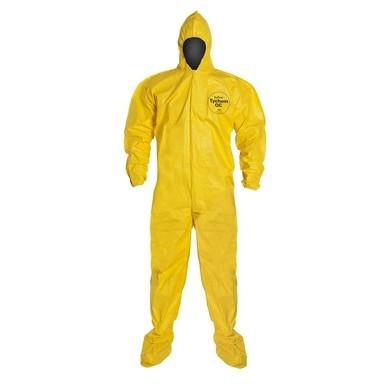 The DuPont Tychem 2000 QC122B Hood/Boot Coverall, available in a 12-pack, is presented against a white background. This yellow workwear is crafted for full-body protection and includes an attached hood and foot coverings. It features the Dupont logo on the upper chest area, similar to durable coveralls utilized in hazardous environments.