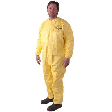 A person stands upright against a white background, wearing a Dupont Tychem 2000 QC125B Elastic Wrist/Ankle Coverall. The coverall envelops their entire body and is complemented by brown shoes.