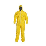 The DuPont Tychem 2000 QC127B Hood/Elastic Wrist and Ankle Coverall is presented upright on a neutral background, showcasing its full-body protective design. This yellow coverall resembles sleek workwear, featuring a hood and a closed front zipper for enhanced protection.