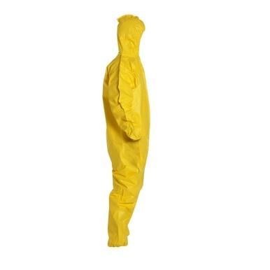 Side view of a bright yellow DuPont Tychem 2000 QC127B Hood/Elastic Wrist and Ankle Coverall, resembling protective workwear with a hood. This Dupont product is designed to envelop the entire body, including the feet, ensuring maximum protection against hazardous materials.