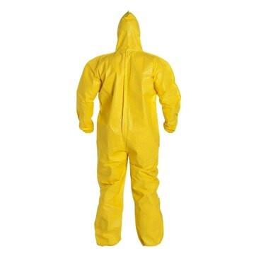 The DuPont Tychem 2000 QC127B Coverall, shown from the back, highlights essential workwear for professionals with its yellow full-body design, hood, and protective features.