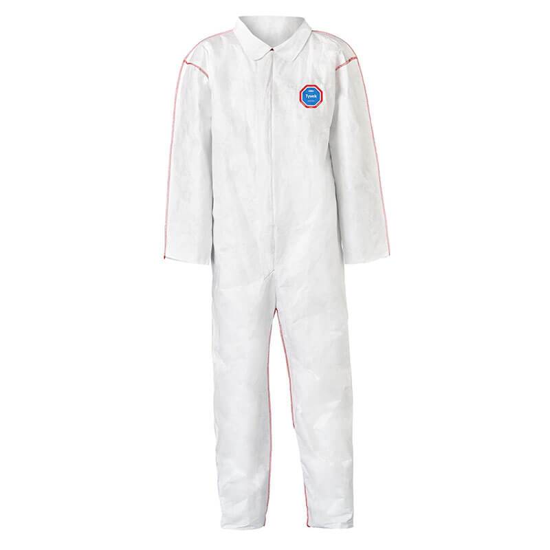 The Dupont Tyvek 400 SFR Coverall ST120SWH features open wrists and ankles, with long sleeves and a full-length zipper. This protective garment includes a small blue logo on the upper chest, red seams along the shoulders and arms, combining both stylish design and flame-resistant protection.