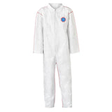 The Dupont Tyvek 400 SFR Coverall ST120SWH features open wrists and ankles, with long sleeves and a full-length zipper. This protective garment includes a small blue logo on the upper chest, red seams along the shoulders and arms, combining both stylish design and flame-resistant protection.