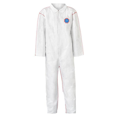 The Dupont Tyvek 400 SFR Coverall w/Open Wrists & Ankles ST120SWH is a white protective garment with a front zipper, showcasing a blue and red logo on the chest. This flame-resistant coverall comes with long sleeves and legs, offering full body protection.