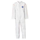 The Dupont Tyvek 400 SFR Coverall (model ST120SWH) features an all-white design with long sleeves, a front zipper, red seam stitching, and a blue chest logo. Designed for safety and sanitation, this garment offers essential flame-resistant protection.