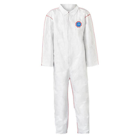 The Dupont Tyvek 400 SFR Coverall (model ST120SWH) features an all-white design with long sleeves, a front zipper, red seam stitching, and a blue chest logo. Designed for safety and sanitation, this garment offers essential flame-resistant protection.