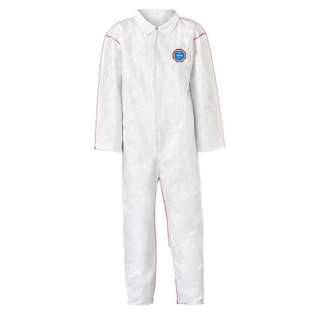 The Dupont Tyvek 400 SFR Coverall (model ST120SWH) features an all-white design with long sleeves, a front zipper, red seam stitching, and a blue chest logo. Designed for safety and sanitation, this garment offers essential flame-resistant protection.