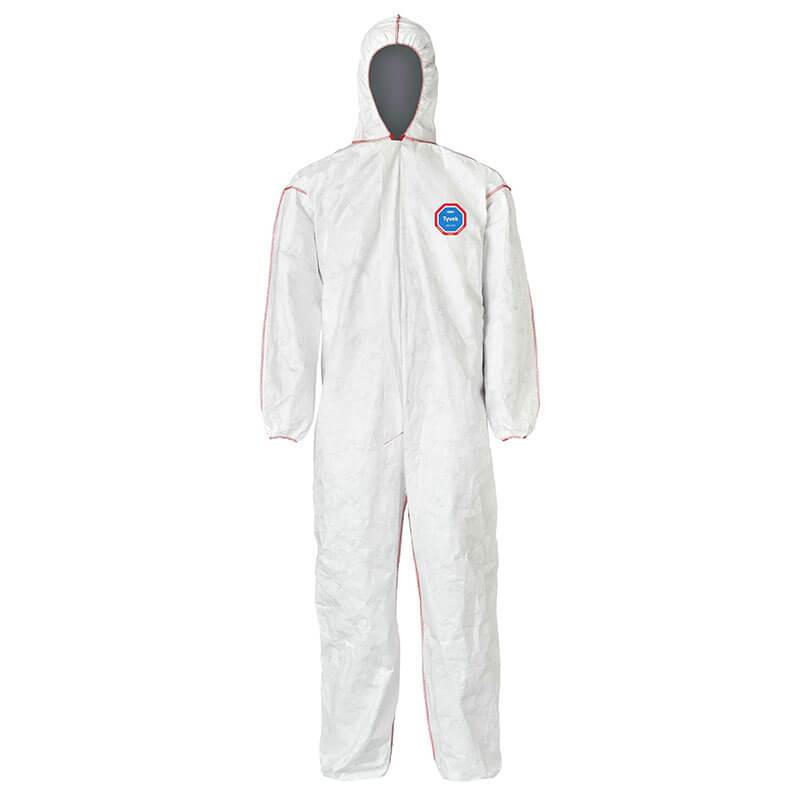 The product displayed is the Dupont Tyvek 400 SFR Coverall w/Hood, Elastic Wrists & Ankles ST127SWH. It features a white color, long sleeves, an elasticated hood, as well as elastic wrists and ankles. A small blue and red Dupont logo adorns the chest. This flame-resistant disposable overgarment ensures optimal safety and hygiene.