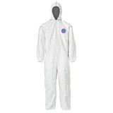 The Dupont Tyvek 400 SFR Coverall w/Hood, identified by the model number ST127SWH, is a flame-resistant white full-body suit with elastic wrists and ankles. This coverall features the esteemed Dupont logo in blue and red on the chest, making it an ideal choice for safety or medical applications.