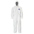 A Dupont Tyvek 400 SFR Coverall with a hood features a red and blue logo on the chest. It is made from Dupont Tyvek 400 SFR and includes elastic cuffs at the wrists and ankles for full-body protection.