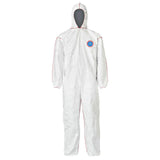 A Dupont Tyvek 400 SFR Coverall with a hood features a red and blue logo on the chest. It is made from Dupont Tyvek 400 SFR and includes elastic cuffs at the wrists and ankles for full-body protection.