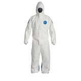 The Dupont Tyvek 400 D TY127S WB Coverall Suit, showcased against a blank background, features a hood, long sleeves, and full-body design. It includes a front zipper closure and displays the brand’s logo on the left chest area, making it an excellent choice for those seeking reliable summer workwear.