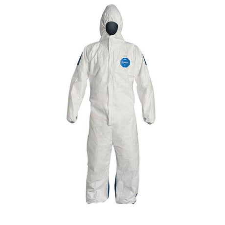 The Dupont Tyvek 400 D TY127S WB Coverall Suit, showcased against a blank background, features a hood, long sleeves, and full-body design. It includes a front zipper closure and displays the brand’s logo on the left chest area, making it an excellent choice for those seeking reliable summer workwear.