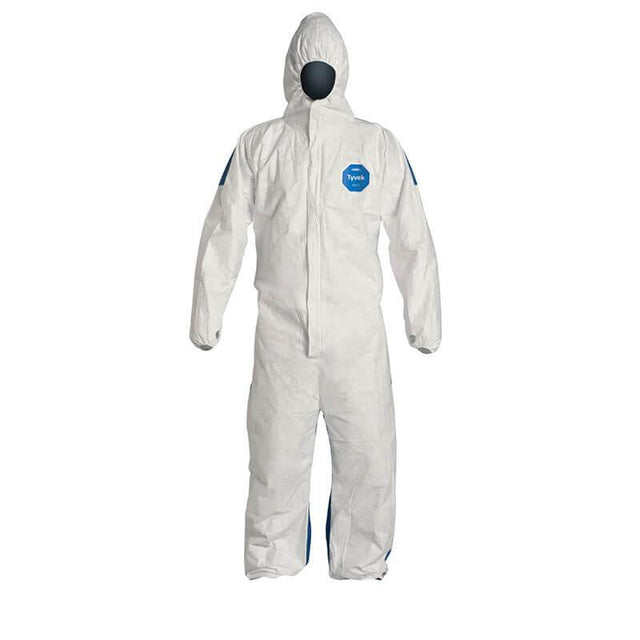 The Dupont Tyvek 400 D TY127S WB Coverall Suit (25/Case), displayed on a stand, features a white design with blue markings and a hood, highlighting the dependable construction of Tyvek 400 D. Its front zipper closure ensures convenience, making it ideal for summer workwear applications.