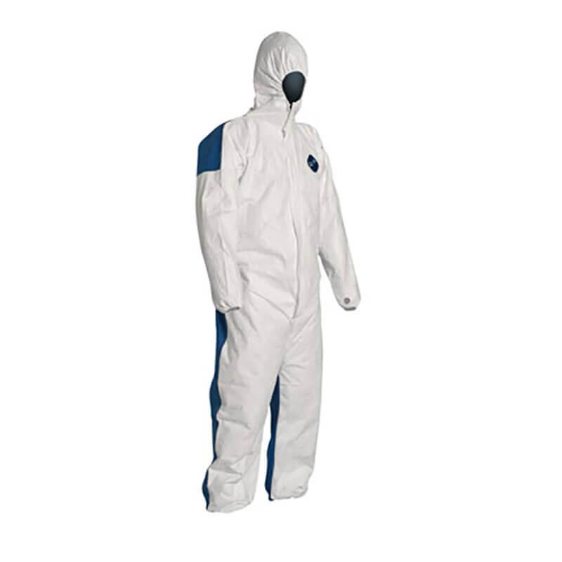 The Dupont Tyvek 400 D TY127S WB Coverall Suit, featuring a hood and elastic cuffs, comes in a white design with blue accents and is ideal for medical or industrial use.