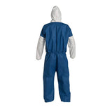 The Dupont Tyvek 400 D TY127S WB Coverall Suit, available in a case of 25, features a design with a white hood and sleeves paired with a blue body. Made from synthetic material, this coverall provides full-body coverage and is engineered for comfort and durability, making it ideal for effective summer workwear even in challenging conditions.