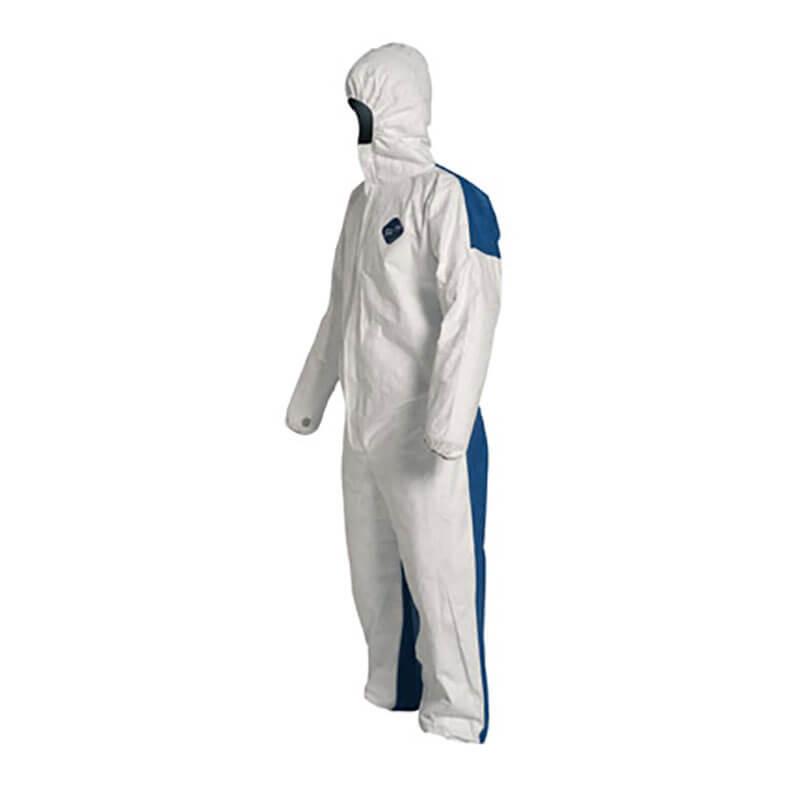 A person is wearing a Dupont Tyvek 400 D TY127S WB Coverall Suit, complete with blue panels and a hood. Elastic at the wrists and ankles provides a snug fit. The individual's face is obscured, and they are positioned in profile view.