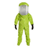 The DuPont Tychem 10000 Commander EX Level A Suit TK555T features a striking lime green color and comes equipped with an integrated clear face shield, black gloves, and boots. This fully enclosed suit is meticulously designed for maximum protection in hazardous environments.