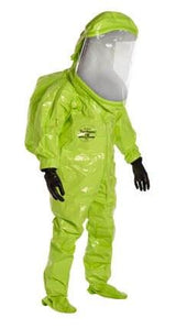 A DuPont Tychem 10000 Commander EX Level A Suit TK555T in bright green, featuring a clear visor and black gloves. The suit provides full-body coverage, including the head, and showcases a unique seam design with text on the chest area.