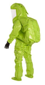 A person dressed in a vibrant green DuPont Tychem 10000 Commander EX Level A Suit TK555T, featuring a protective hood and face shield, stands slightly turned away from the camera. The glossy material of the suit ensures maximum safety.