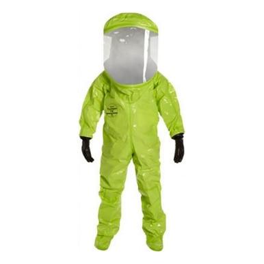 The vibrant green DuPont Tychem 10000 Commander EX Level A Suit TK555T includes a clear visor and integrated gloves, providing total protective coverage from head to toe.