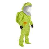 A full-body DuPont Tychem 10000 TK587S HazMat Training Suit in bright green, featuring a clear face shield, black gloves, and integrated boots. This Dupont encapsulated suit is designed to protect against hazardous materials and stands proudly on display.