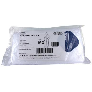 The packaging of a DuPont Tyvek 400 HazMat Coverall Suit TY120SVP in size medium, perfect for mold remediation, is white featuring text and a small illustration of a person wearing the industrial protective garment. The package prominently displays product details and the recognizable DuPont logo.