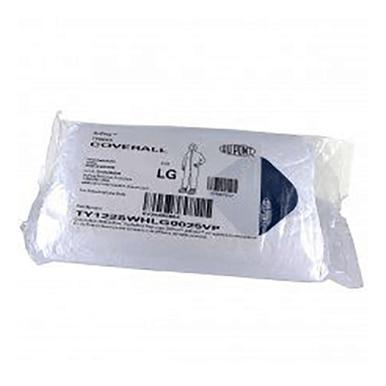 A clear plastic package contains a white DuPont Tyvek 400 Disposable Hazmat Coverall Suit TY122SVP, labeled with "LG" size and product details. Ideal for paint spraying, the coverall is packed flat.