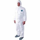 A person wearing a DuPont Tyvek 400 Disposable Hazmat Coverall Suit TY122SVP is fully protected with its full-body white design, hood, and chest logo. This suit completely covers the wearer, including boot covers, making it ideal for paint spraying tasks.