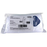 A packaged DuPont Tyvek 400 HazMat Coverall Suit TY125SVP, marked as "MD" for medium size, serves as an excellent disposable clean-up suit. The package contains product details, a part number, and a straightforward illustration of a person wearing the coverall.