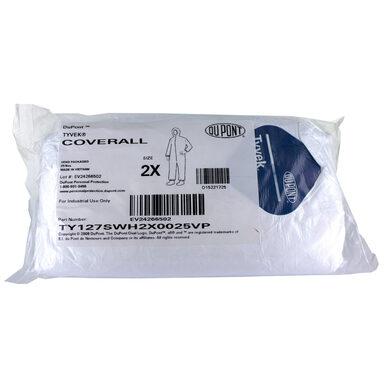 Package of Dupont Tyvek 400 HazMat Coverall Suit TY127SVP, size 2X. The packaging features text highlighting product details and a straightforward illustration of someone wearing the disposable work suit.