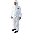 A person is wearing a Dupont Tyvek 400 TY127S Coverall Suit with a hood, suitable for safety and protection during toxic material abatement. This disposable work suit is complemented by black shoes, ensuring comprehensive protective coverage.