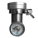 A close-up of the Intermountain Specialty Gases ISG Demand Flow Regulator (45°) w/Tubing shows a stainless steel gauge with a round dial (bar/psi), cylindrical body, C-10 valve, side nozzle, clear cover, and no-smoking symbol—ideal for calibration gas use.