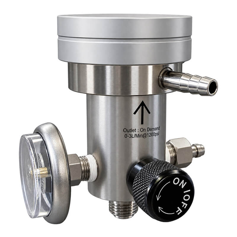 A close-up of the Intermountain Specialty Gases ISG Calibration Gas Dual Function Regulator (0-3 LPM/0.5 LPM) shows its metal construction, pressure gauge, ON/OFF valve, and hose connector. An arrow and “Outlet: On Demand” text are visible on its cylindrical body.