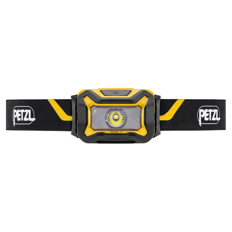The Petzl ARIA 1 Headlamp E069AB00 is a black and yellow headlamp with a central LED, adjustable strap, and the Petzl logo on both sides of the band for reliable hands-free lighting.
